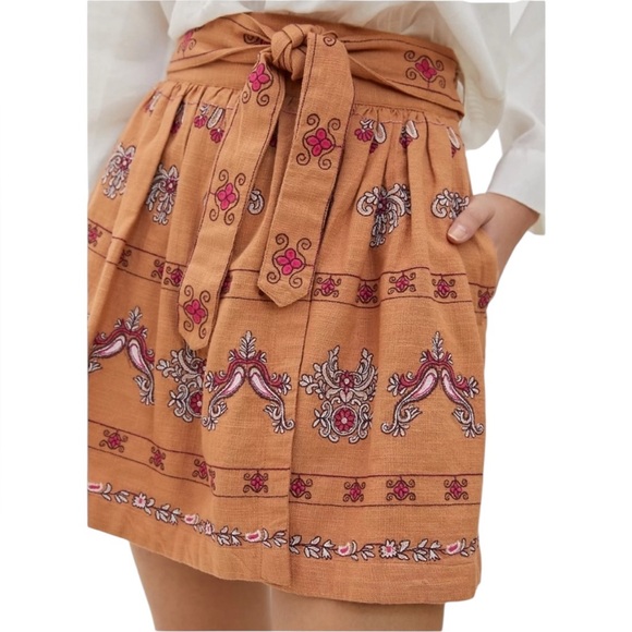 Anthropologie Meghan Embroidered Faux Wrap Mini Skirt Rust Orange Size 4 - Picture 3 of 16